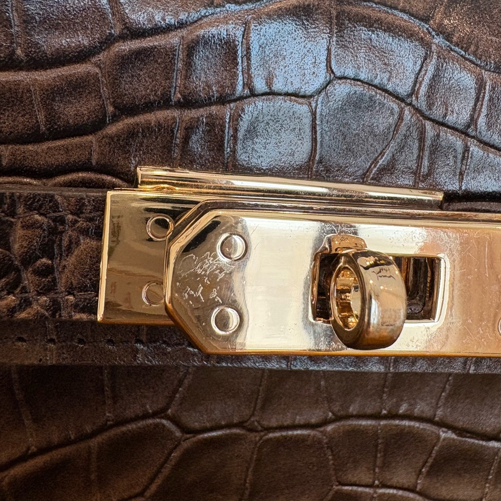 Classic Croc-Embossed Top-Handle Satchel in Dark Brown - Picture 7 of 14